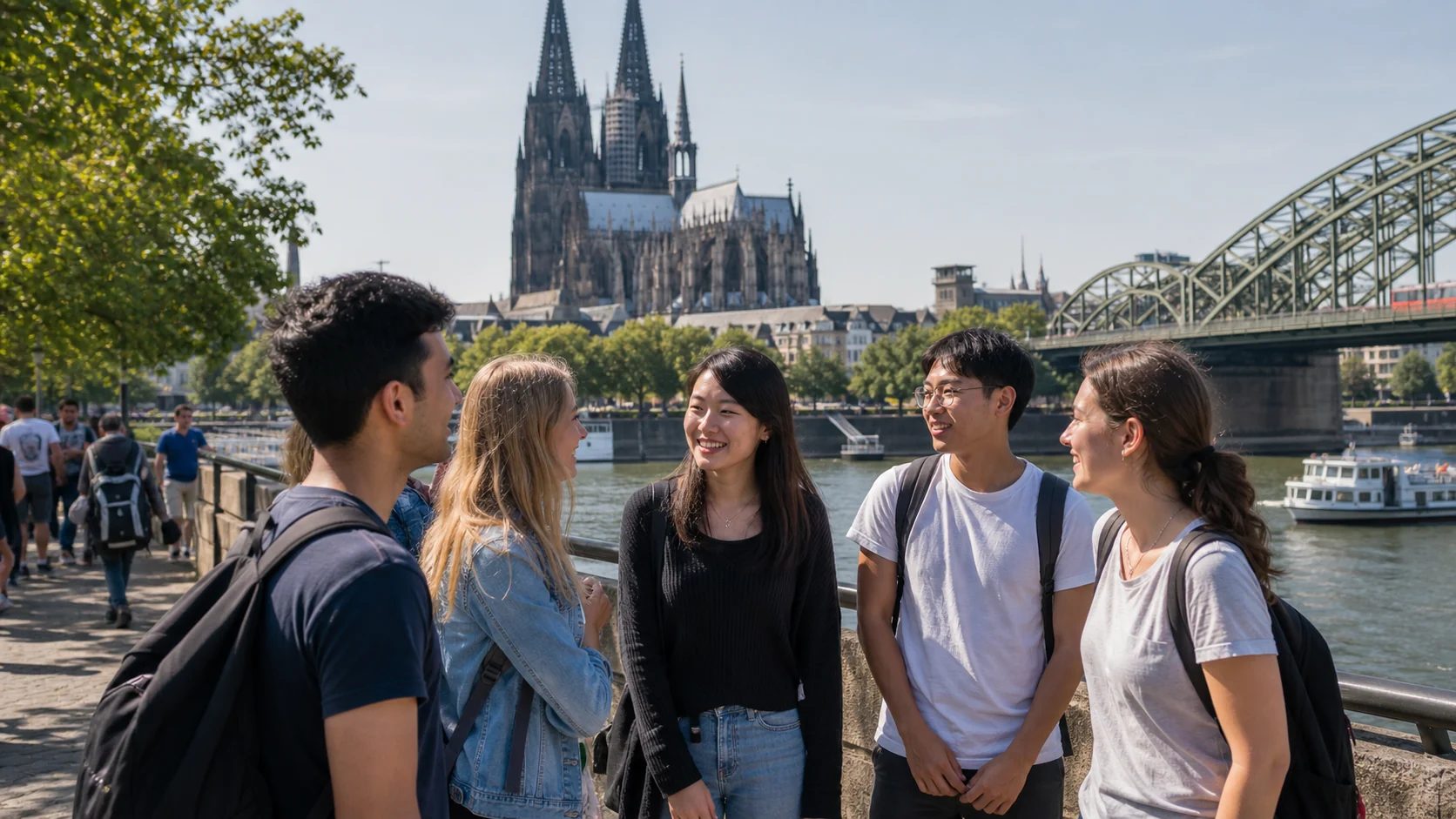 International university students beside Cologne Cathedral and the Rhine in Germany