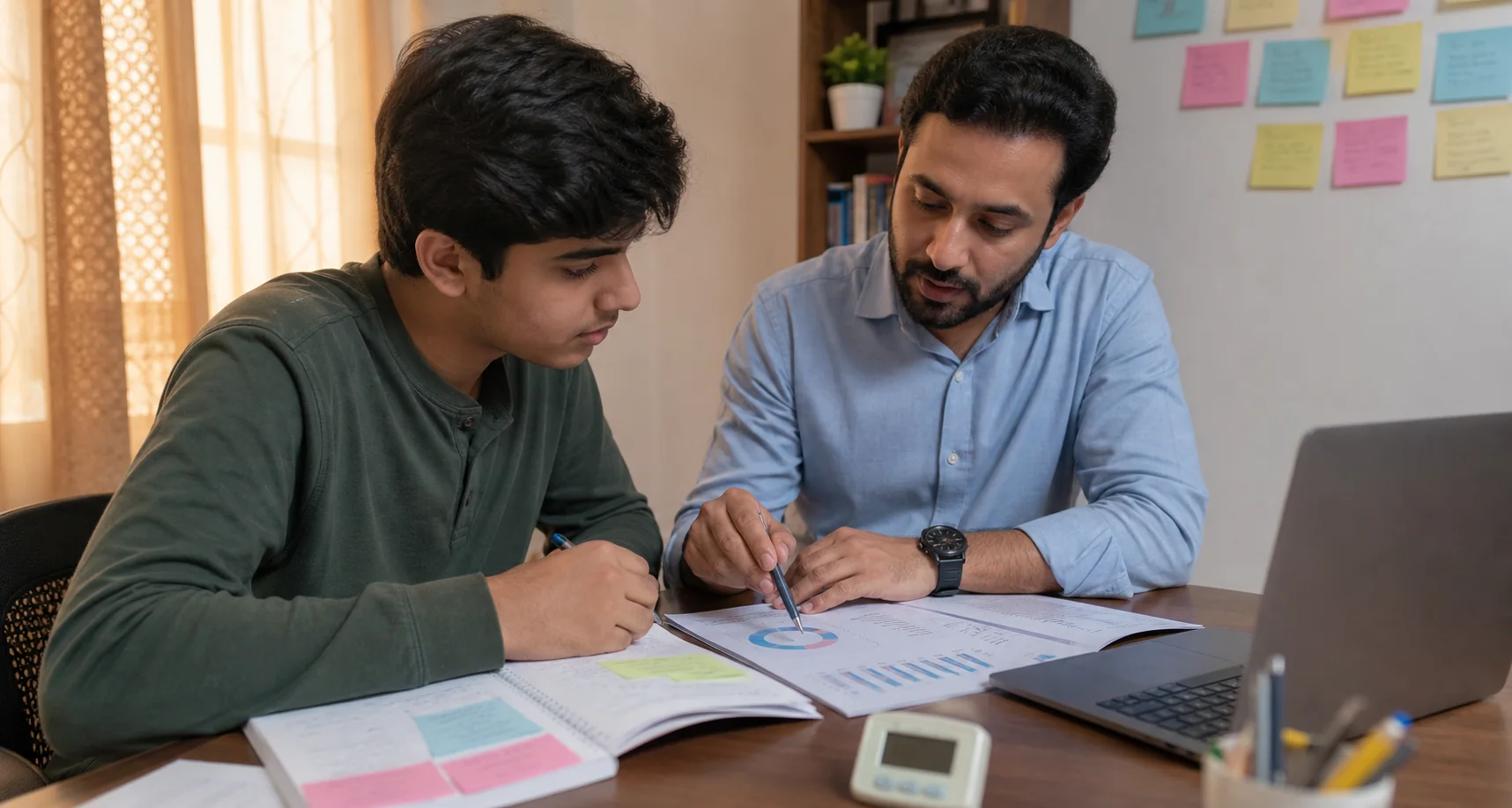 Pakistani student reviewing English test progress with an instructor