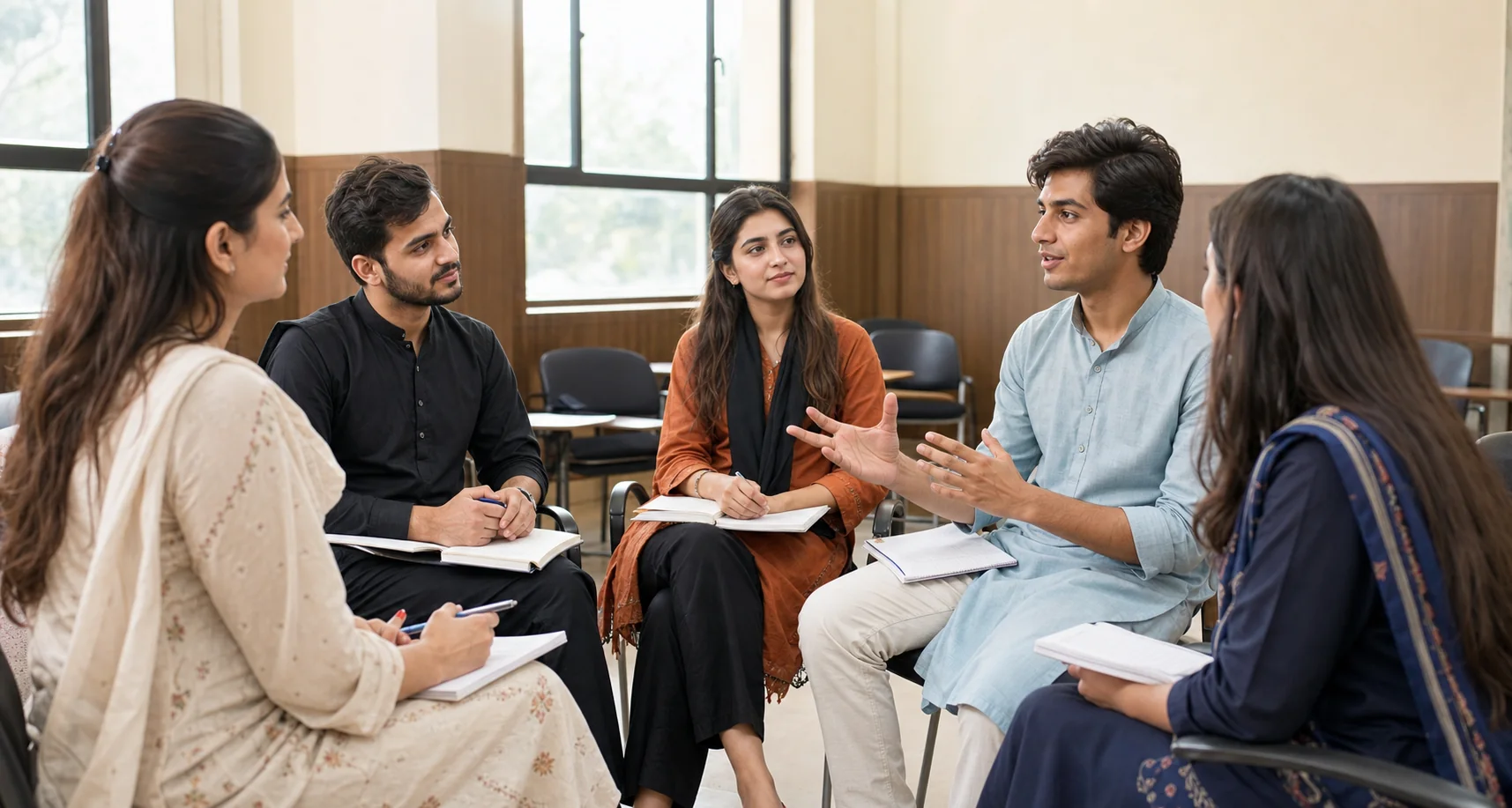 Pakistani students participating in a guided English speaking practice circle