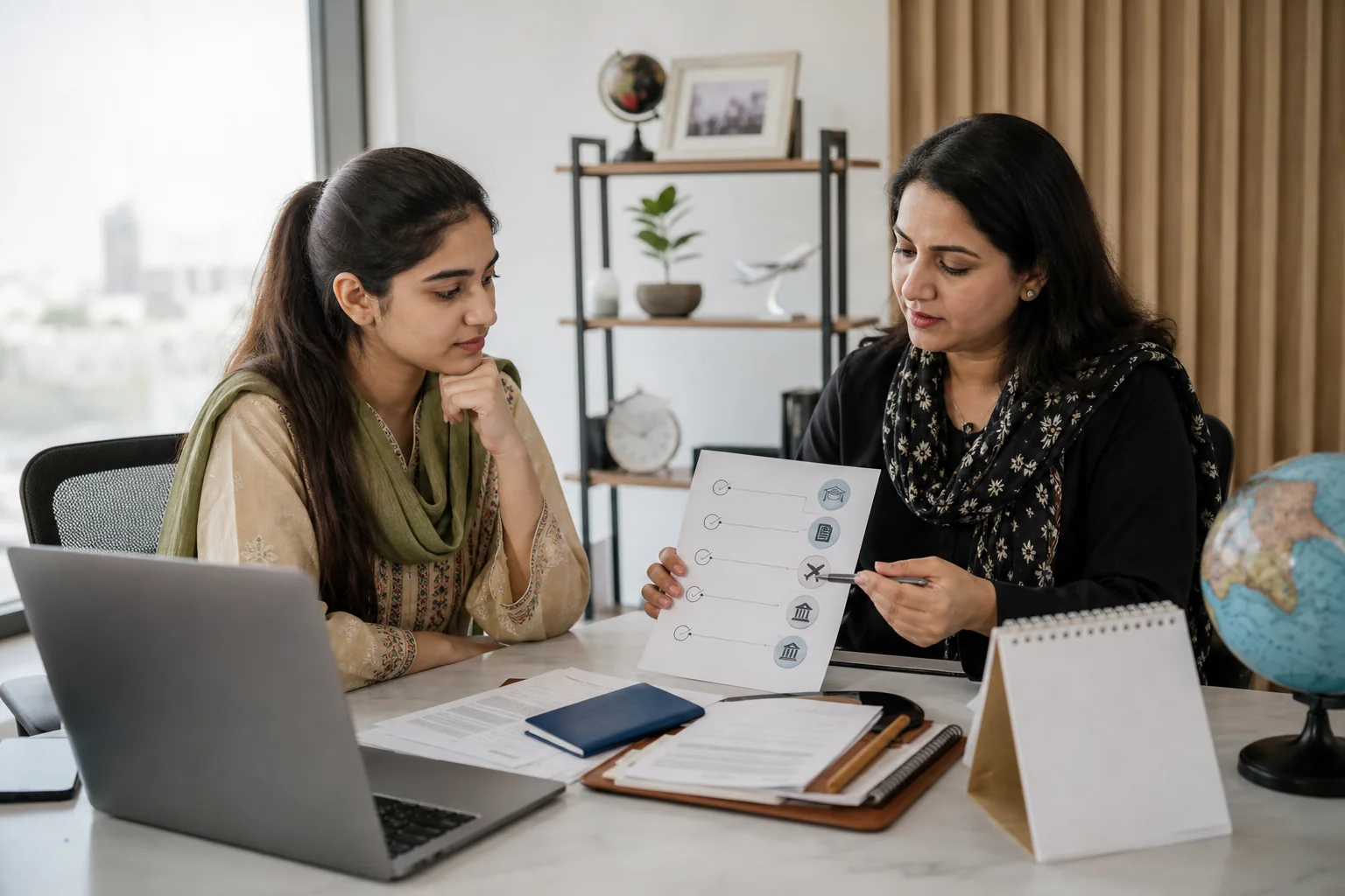 Pakistani student reviewing a study abroad application roadmap with a counselor