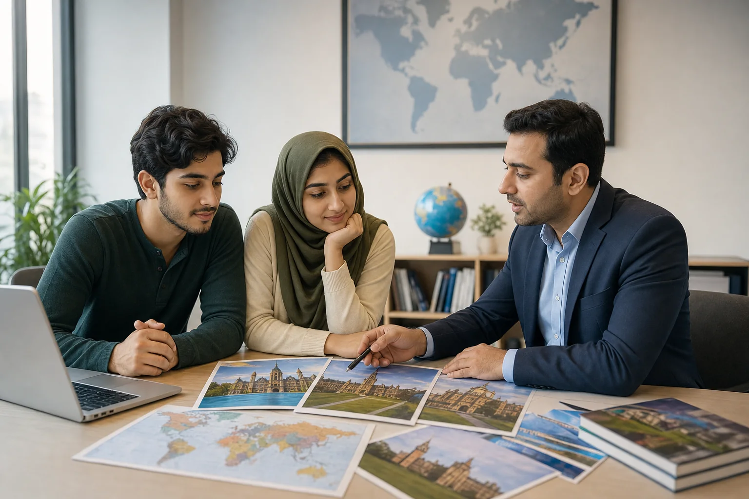 Pakistani students comparing university and country options with a counselor