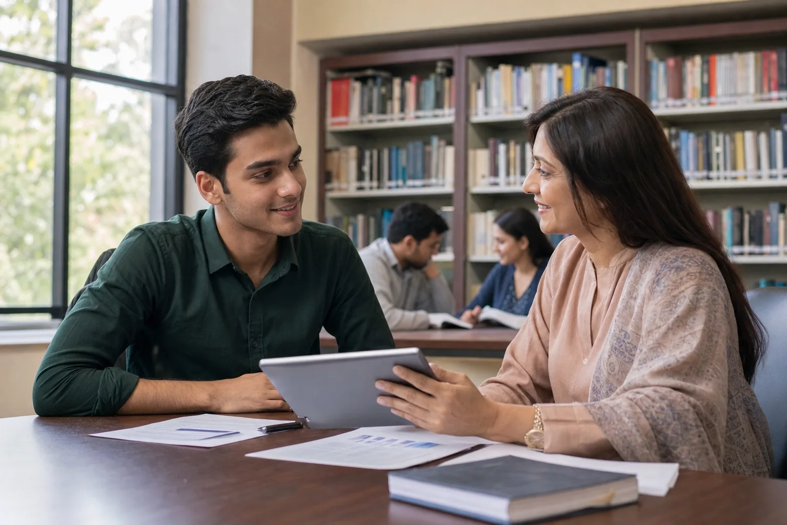 Pakistani student discussing scholarship options with a financial aid adviser