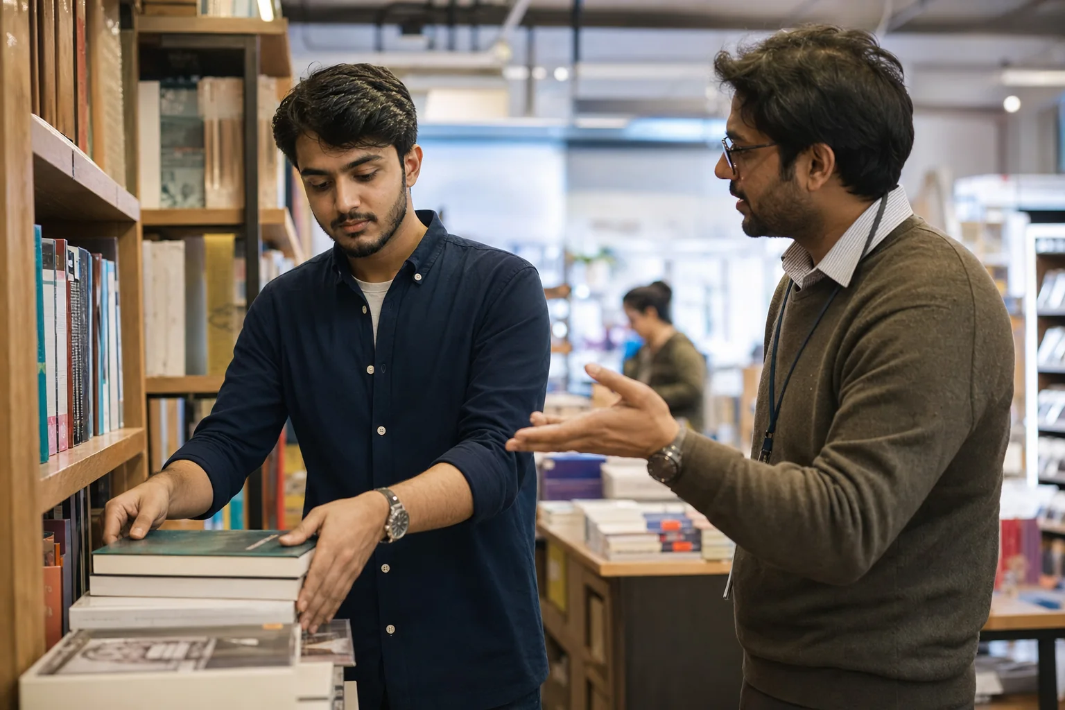 Pakistani international student working a part-time campus bookstore shift