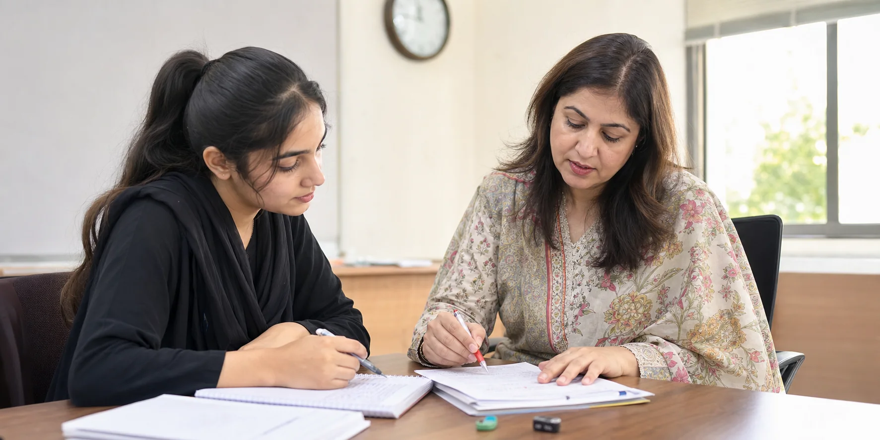 Pakistani IELTS student receiving writing feedback from an English instructor