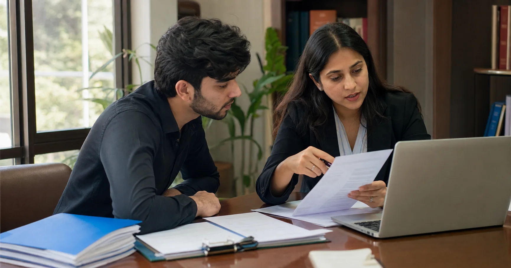 Pakistani graduate checking Medium of Instruction documents with a counselor