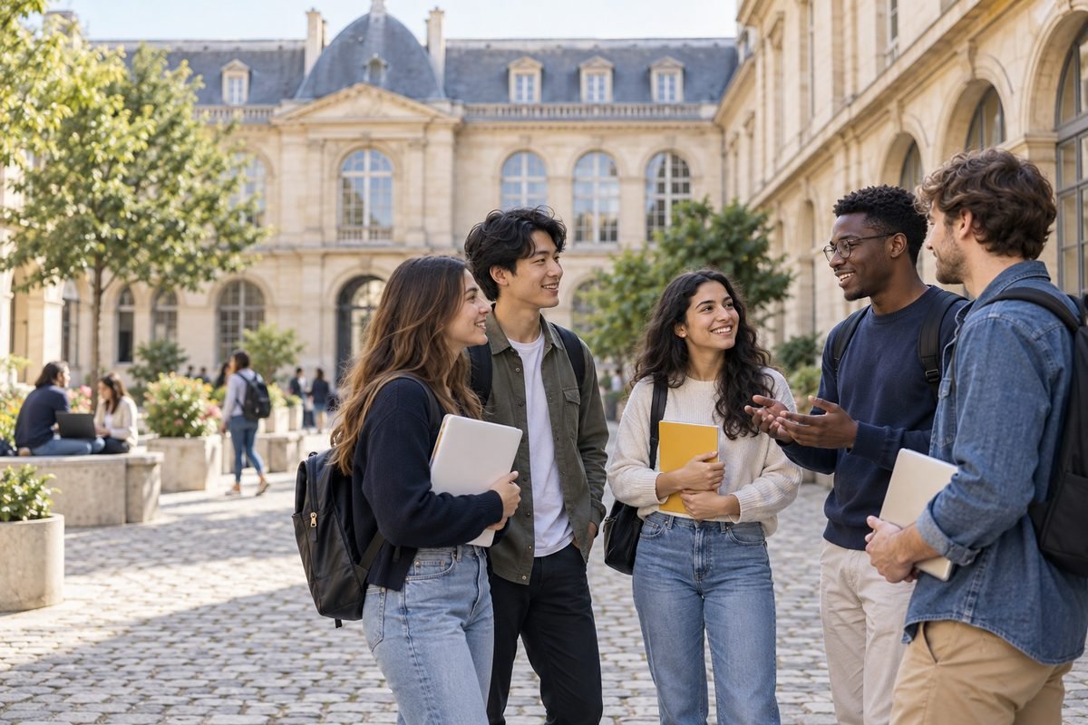 International students talking in a French university courtyard