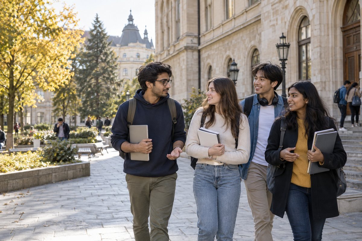 International students walking through a Hungarian university courtyard