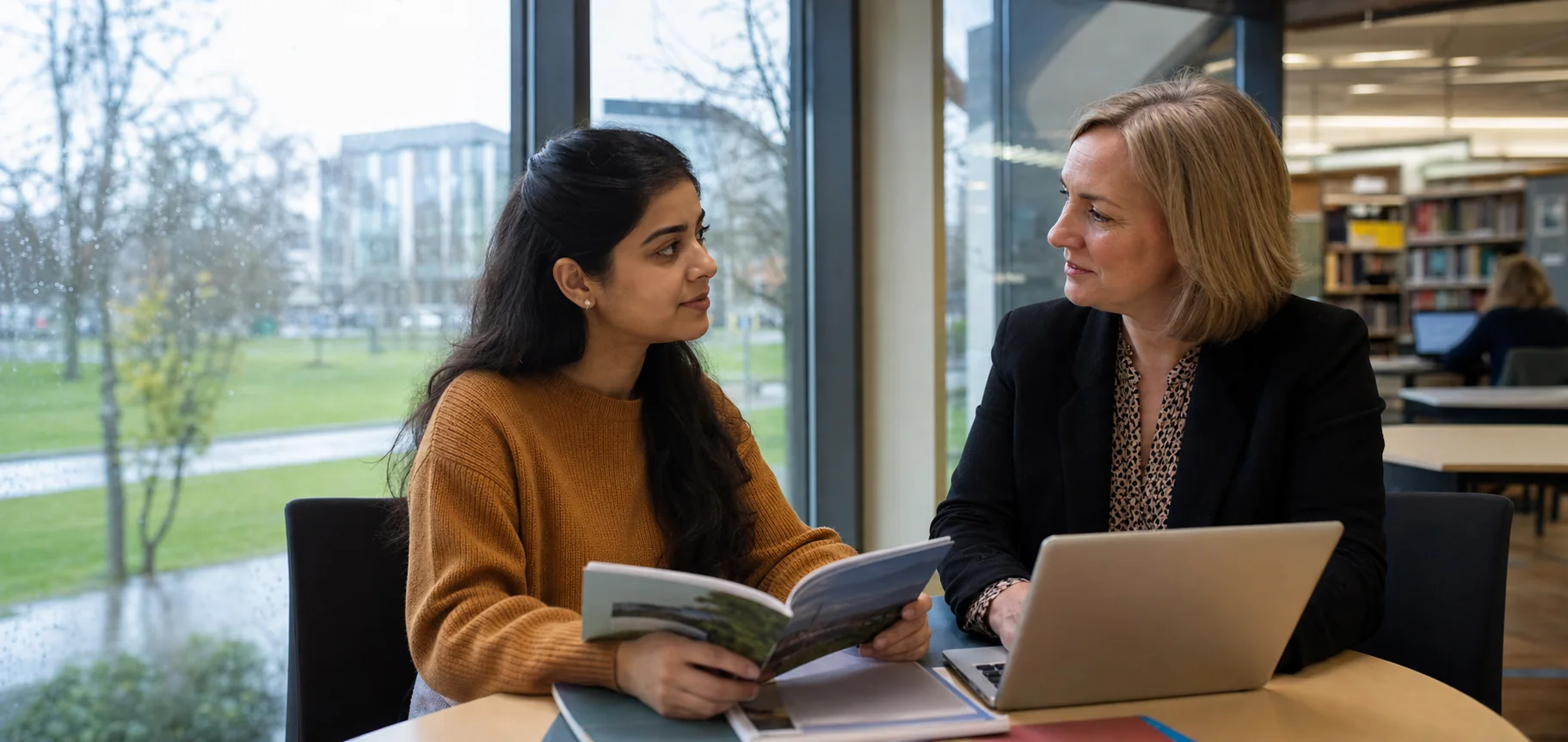 Pakistani student receiving university guidance on an Irish campus