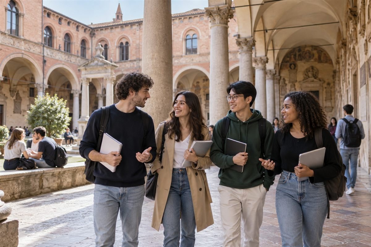 International students in an Italian university courtyard