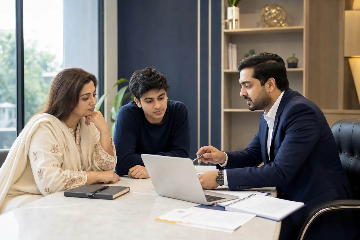 Pakistani student and parent reviewing an admission plan with an education counselor
