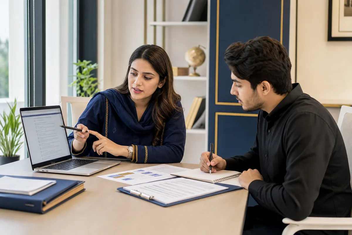 Pakistani student reviewing a visa document checklist with an education counselor